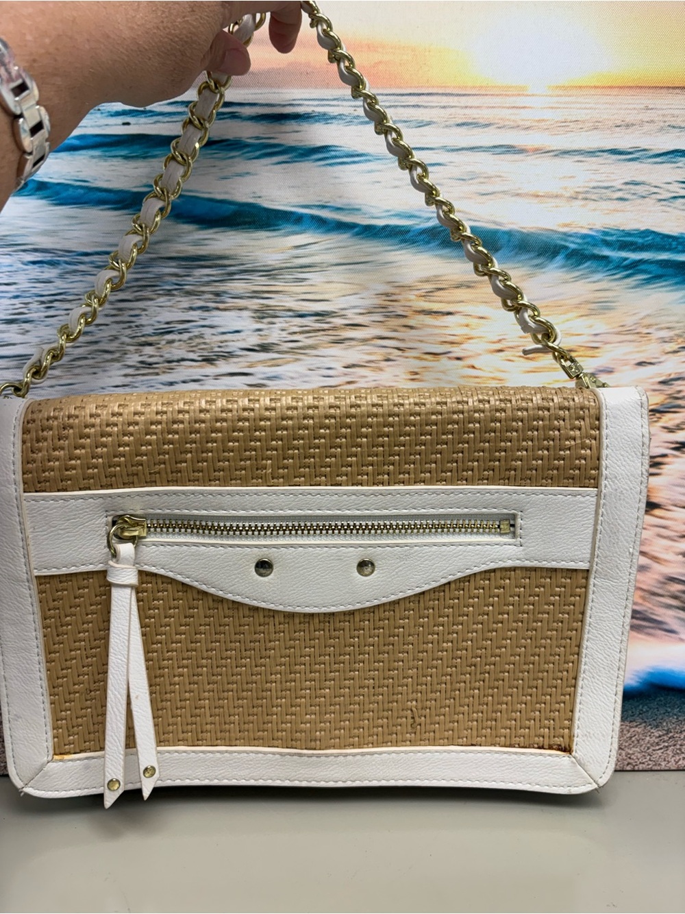 Olivia + Joy White & Woven Straw Foldover Crossbody Clutch Bag